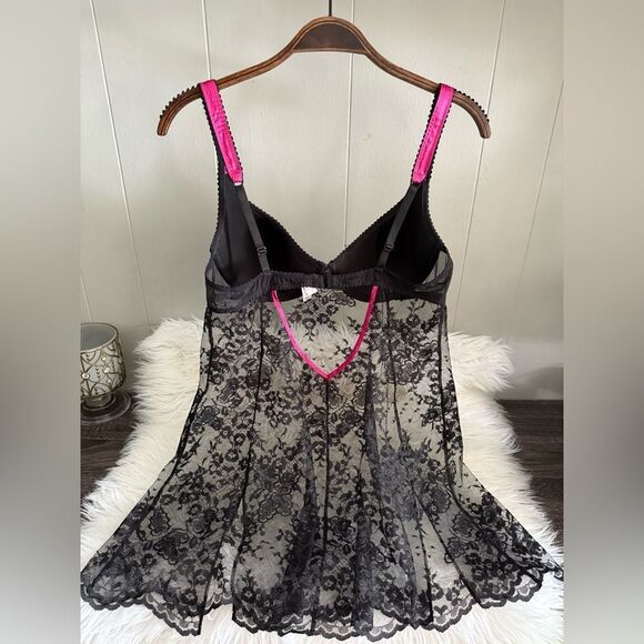 Sexy Sheer Black Lace & Hot Pink Lingerie Babydoll 36C New Without Tags - Picture 4 of 17